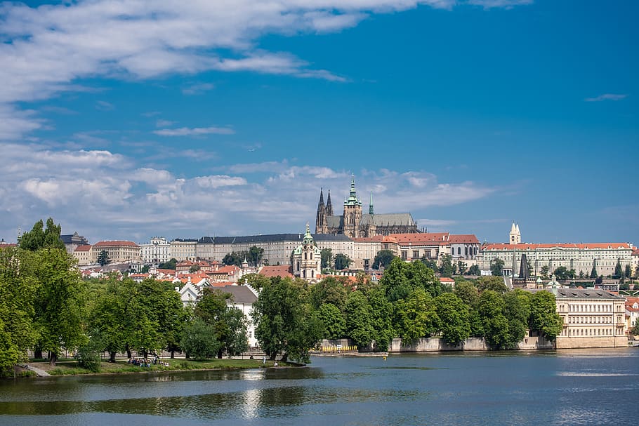 prague, prague castle, river, trees, building exterior, architecture HD wallpaper