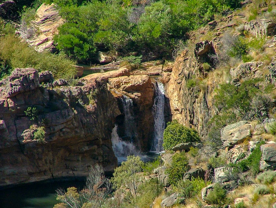 water, waterfall, tree, trees, bush, bushes, shrub, shrubbery HD wallpaper
