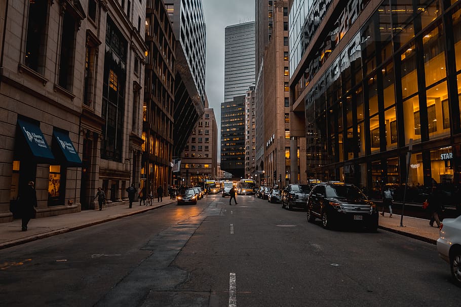 buildings, stride, orange, glow, evening, boston, city, building exterior HD wallpaper