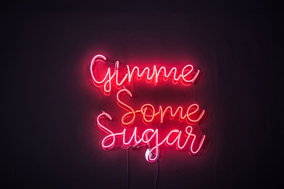Gimme Some Sugar LED signage, text, neon, red, illuminated, communication, HD wallpaper