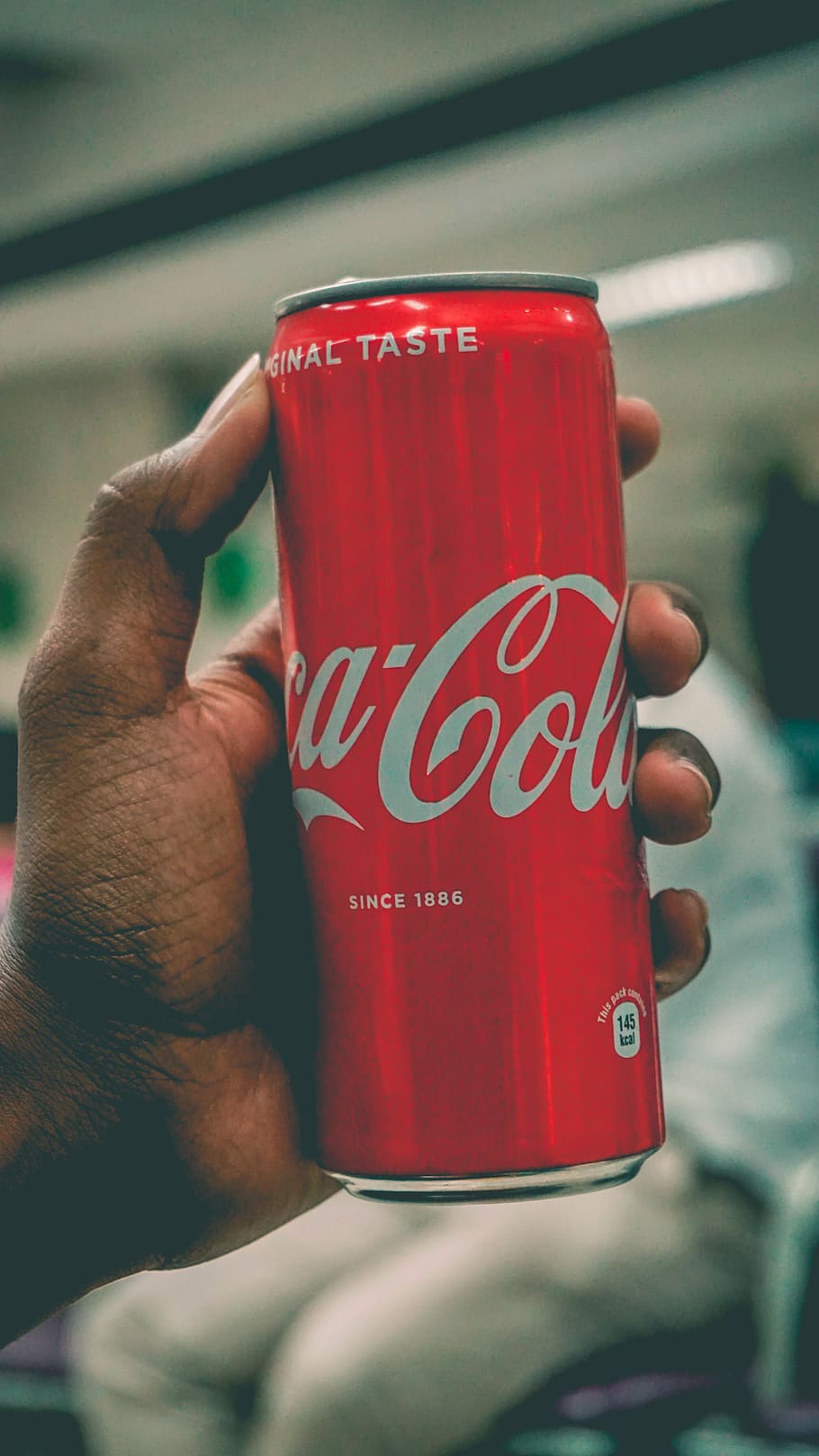 drink, coca cola, tin, human hand, one person, red, text, holding HD wallpaper