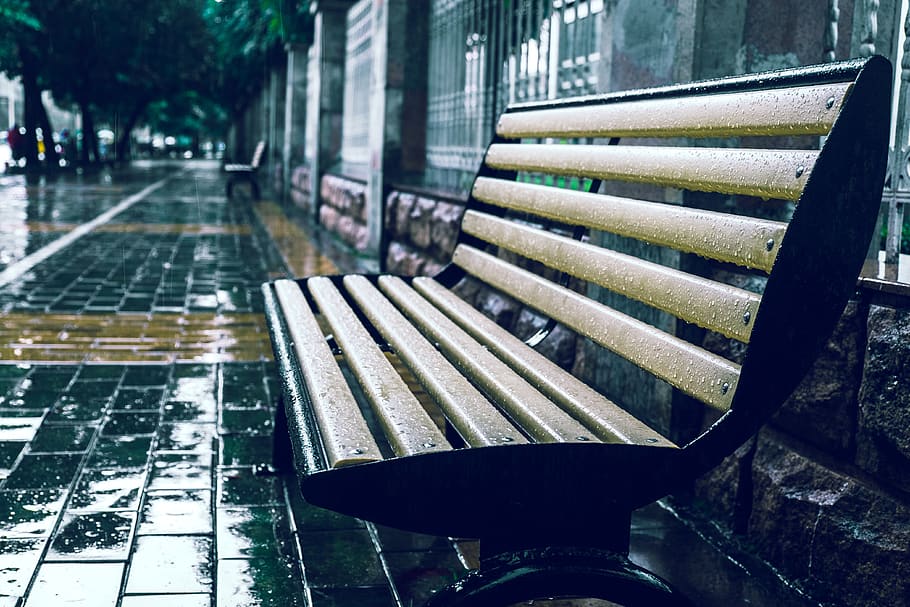 Brown and Black Wet Bench, empty, pavement, rain, seat, architecture, HD wallpaper