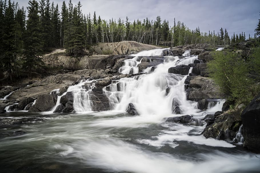 Waterfalls, beautiful, cascade, flow, landscape, motion, rock HD wallpaper