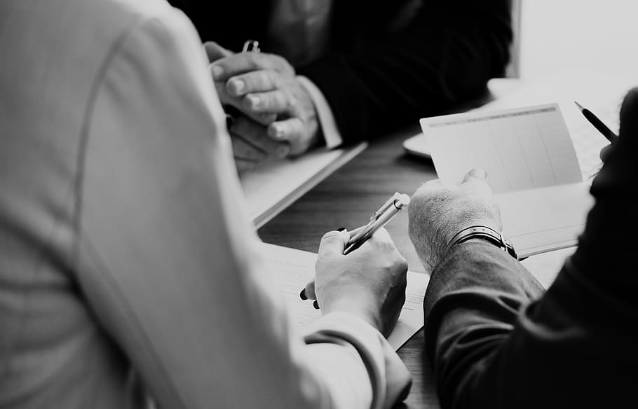 Grayscale Photo of Three Person Sitting Near Table, black and white HD wallpaper