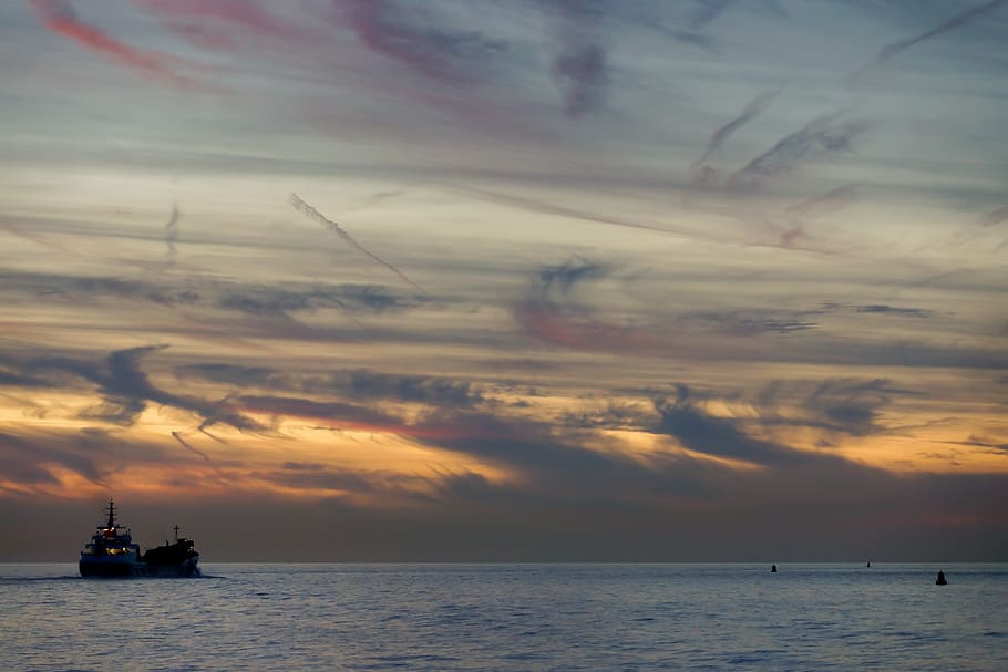 sunset, coast, clouds, sky, water, cloud - sky, sea, transportation HD wallpaper