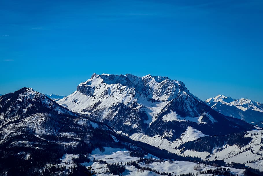mountain, alpine, mountains, sky, winter, blue, zahmer kaiser HD wallpaper