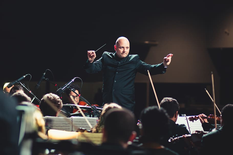 Man Performing on Stage, adult, audience, band, concert, conductor