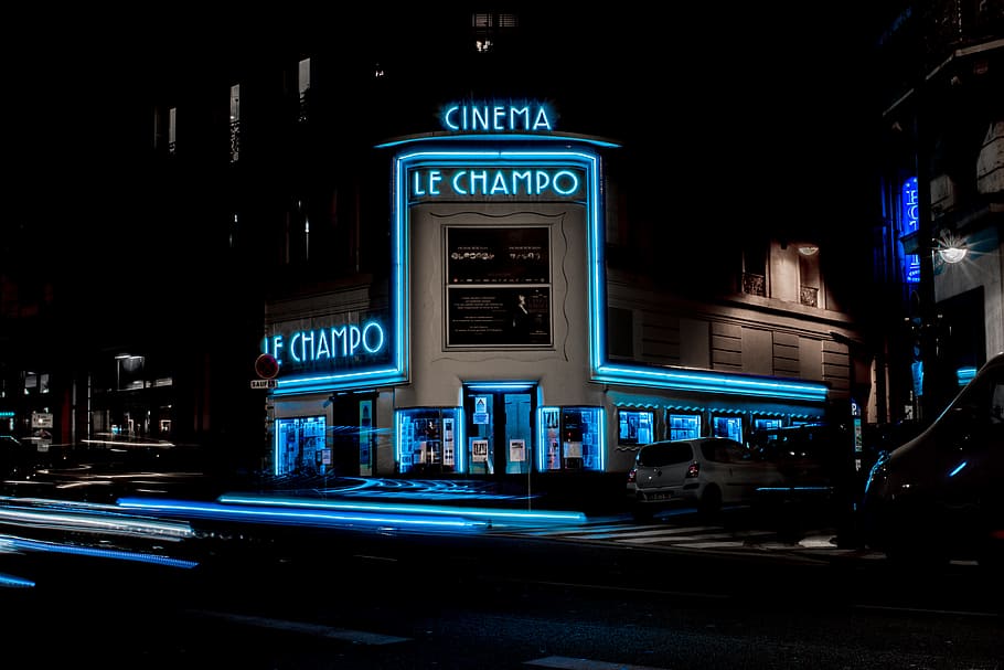 Cinema Le Champo neon sign, night, city, building, light, glow HD wallpaper