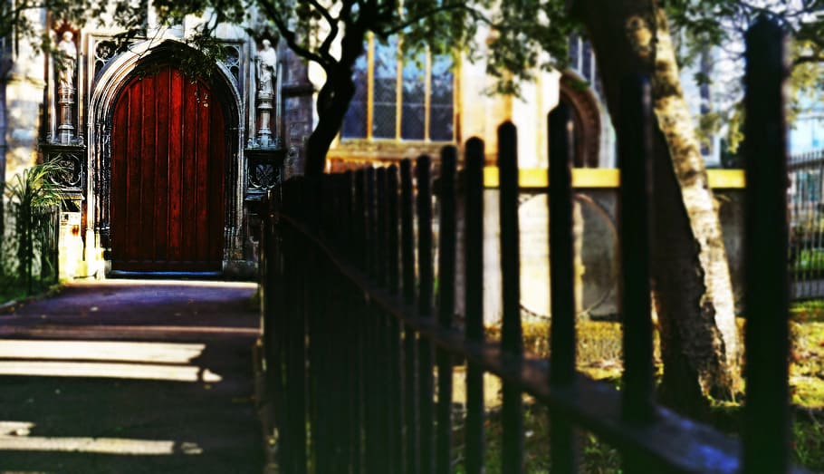 church, pathway, door, sunlight, fence, metal, steel, doorway HD wallpaper