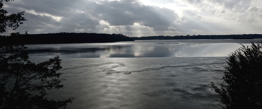 lake, sunrays, clouds, ice, water, reflection, trees, cloud - sky HD wallpaper