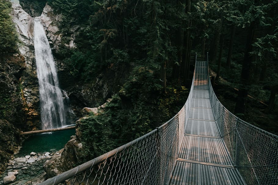 gray wire bridge near waterfalls, perspective, nature, cliff HD wallpaper