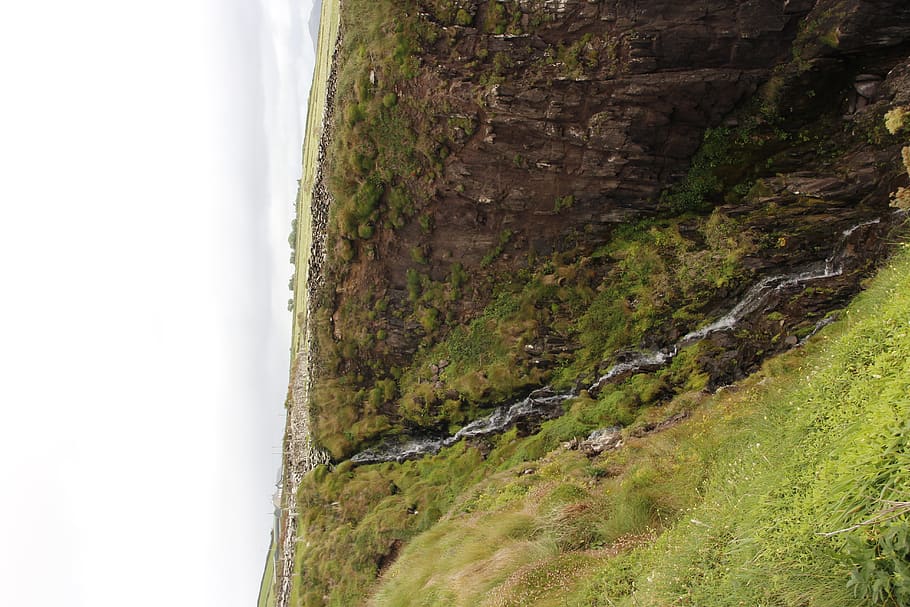 cliff, nature, outdoors, water, waterfall, plateau, green, rock, HD wallpaper