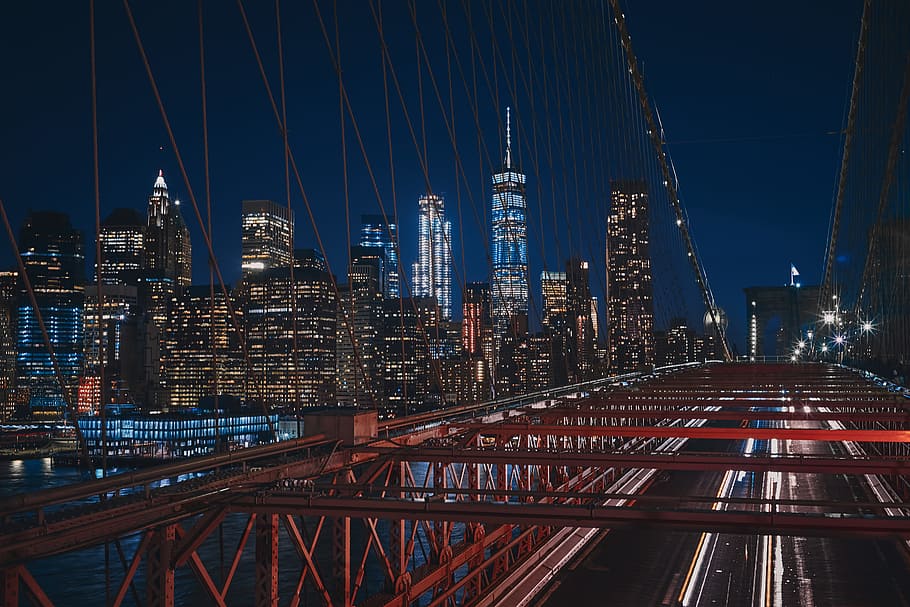 bridge near city buildings during nighttime, urban, new york, HD wallpaper