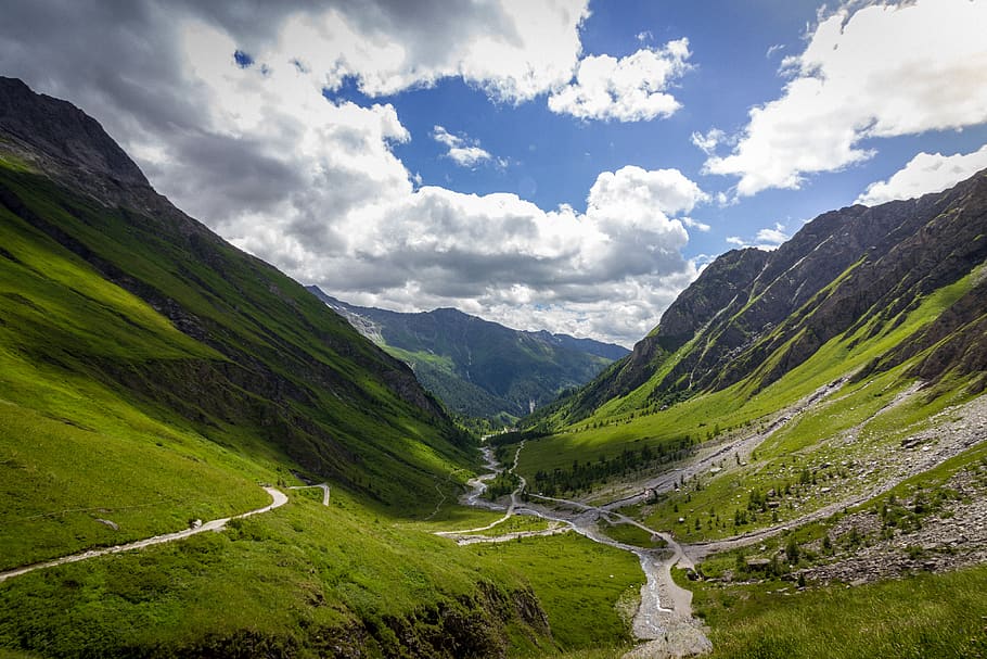 austria, grossglockner, sun, clouds, sky, green, gras, mountains HD wallpaper