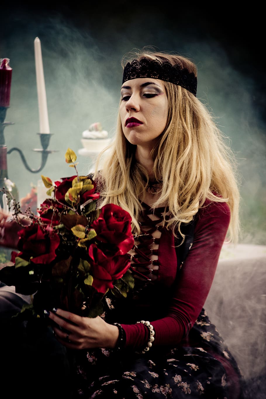witch, red, burgundy, halloween, fog, smoke, blonde, good, bad HD wallpaper