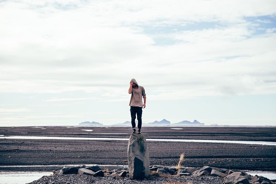 Man Standing On Tall Rock Photo, Men, Sky, Road, Rocks, Earth HD wallpaper