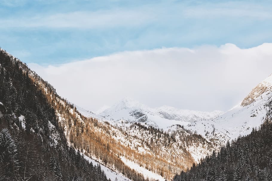 Aerial Photography of Snowy Mountain, clouds, cold, daylight HD wallpaper