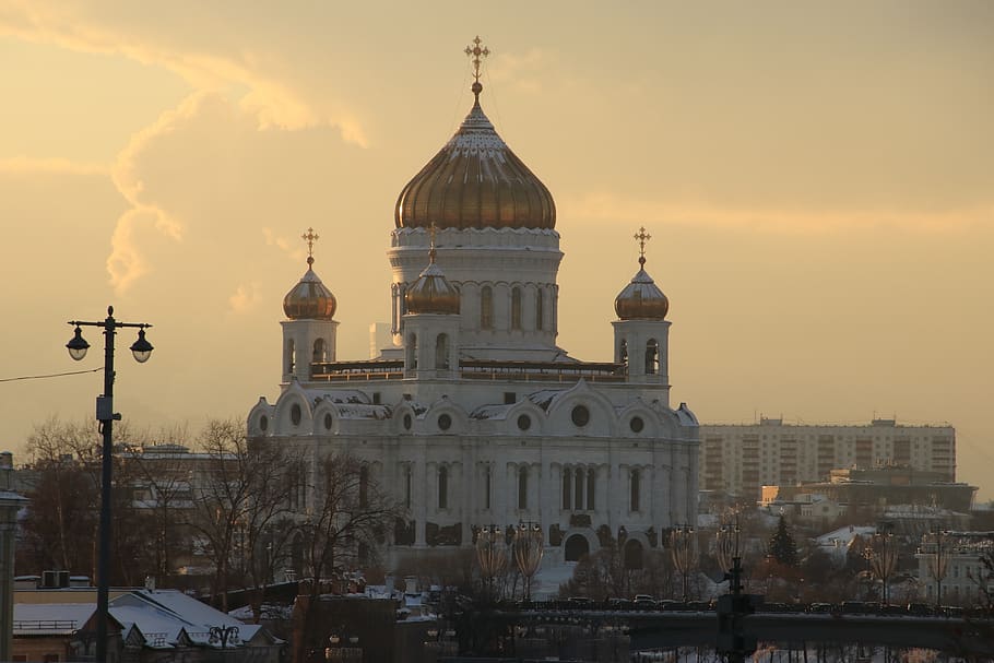 moscow, sunset, river, charge, landscape, sky, clouds, temple HD wallpaper