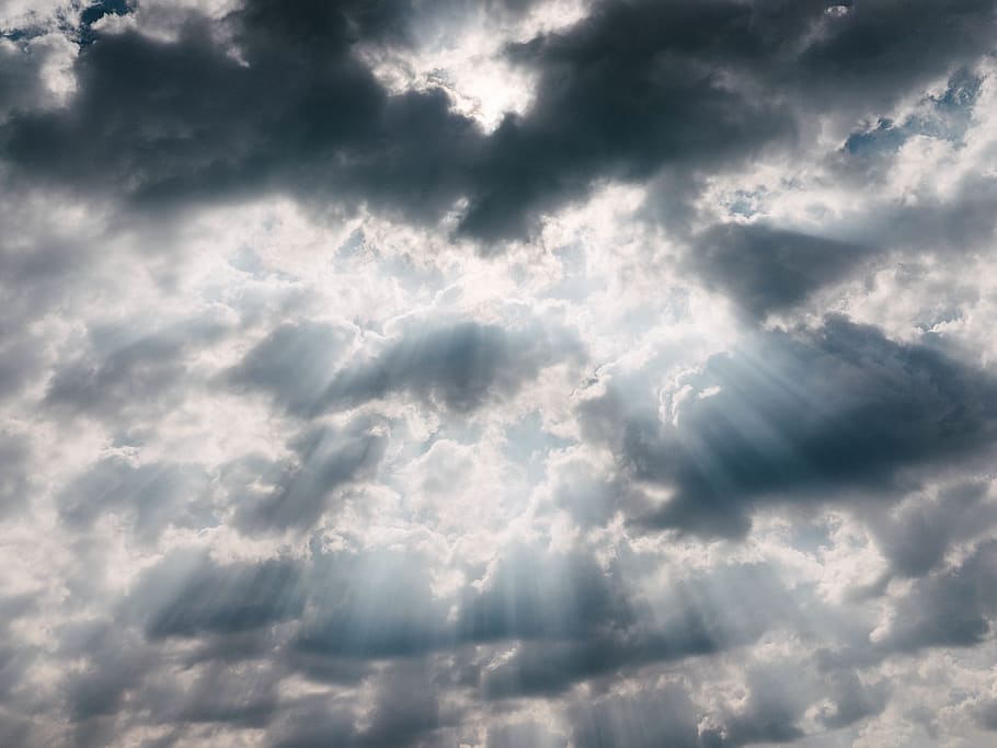 sun rays, cloudy sky, blue, heaven, cloudscape, atmosphere, HD wallpaper