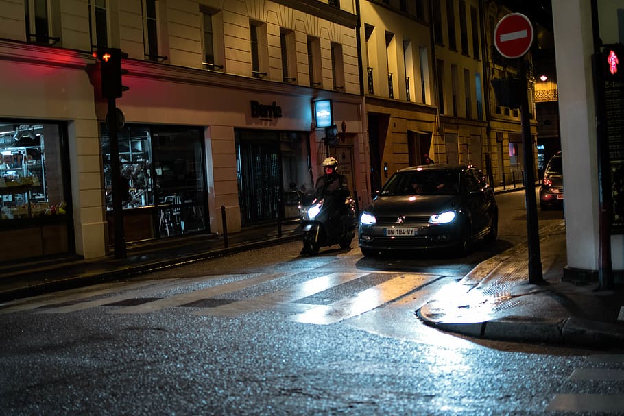 black car, automobile, vehicle, transportation, person, motorcycle HD wallpaper