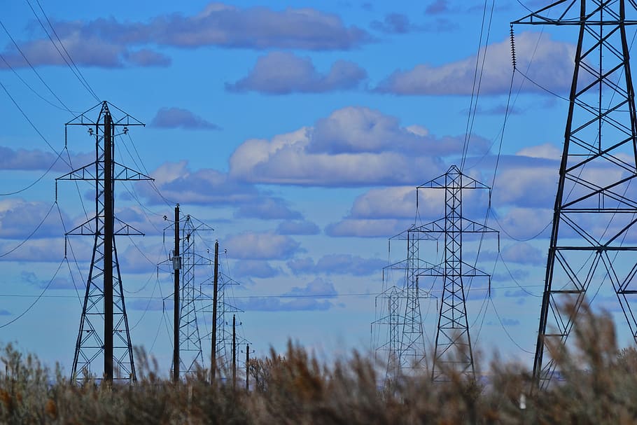 Low Angle View of Posts Under Blue Calm Sky, clouds, electric