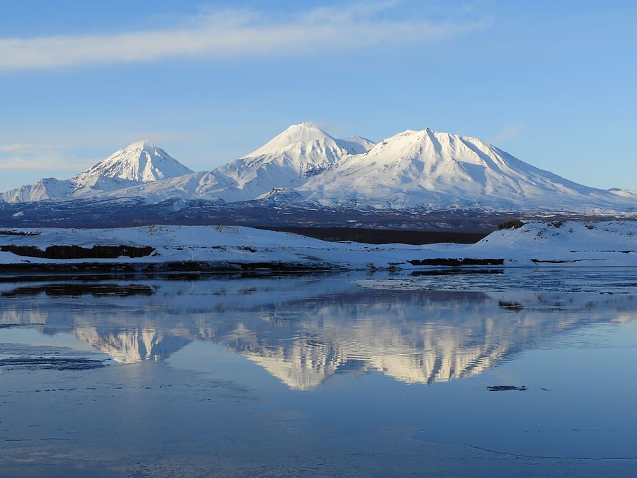 kamchatka, volcanoes, reflection, nature, landscape, snow, winter HD wallpaper