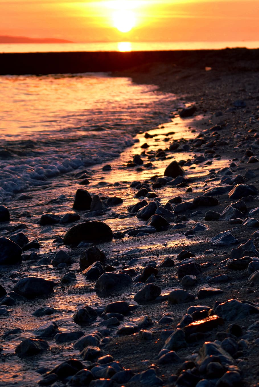 sunset, beach, shore, sea, water, sky, twilight, nature, coast HD wallpaper