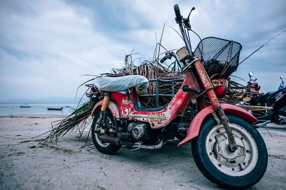 beach, bike, coast, cloudy, dirty, gray, horizon, journey, motorbike HD wallpaper