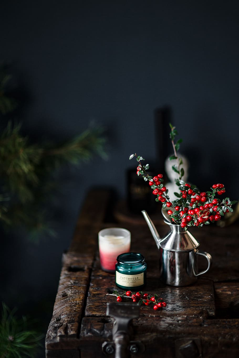Fresh Holly and Candles, wooden desk, old wood, fresh coconut, HD wallpaper