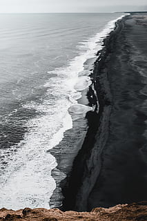 seashore at daytime, sand, black, beach, seaside, tide, landscape HD wallpaper