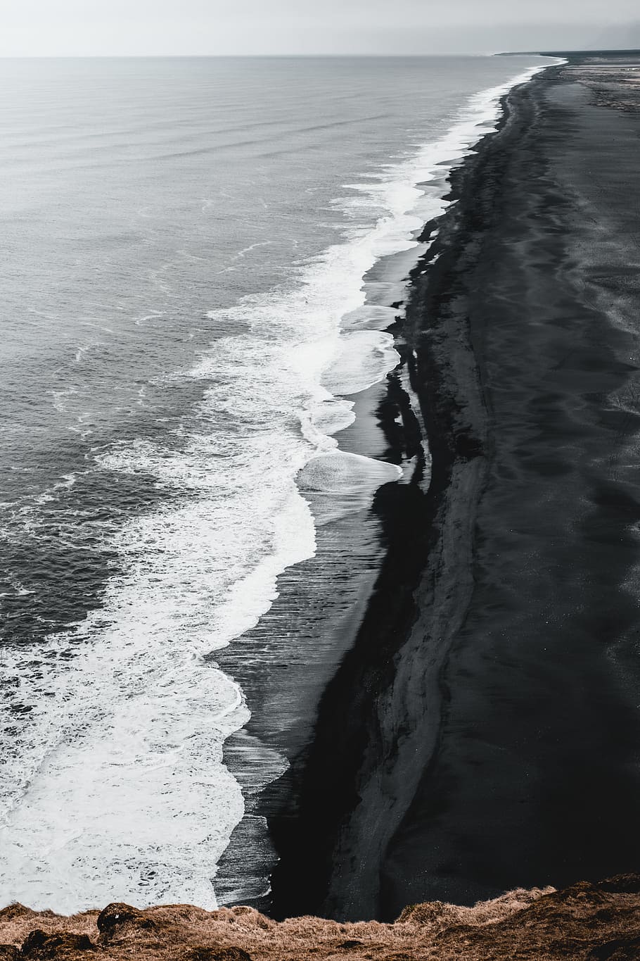 seashore at daytime, sand, black, beach, seaside, tide, landscape
