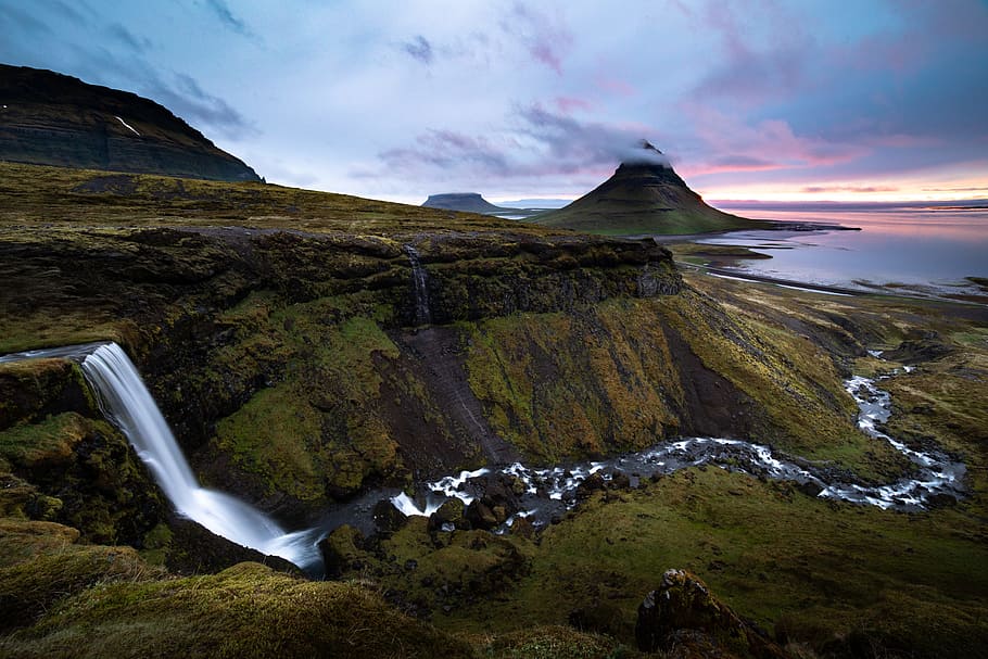waterfalls in the middle of mountains, iceland, river, travel, HD wallpaper
