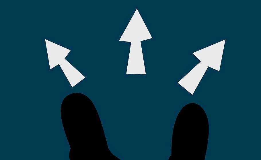 Illustration of arrows offering choices in many directions., decision making