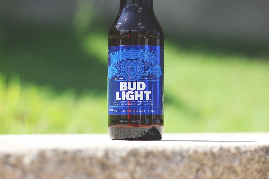 bud light, beer, bottle, focus on foreground, close-up, no people