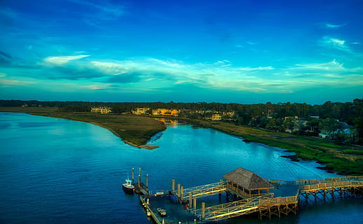 hilton head, river, water, landscape, aerial view, pier, dock HD wallpaper