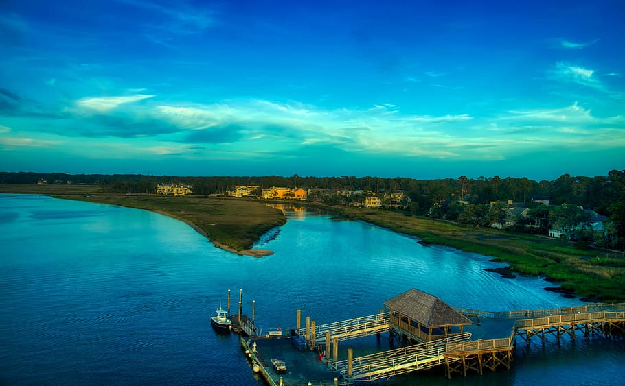 hilton head, river, water, landscape, aerial view, pier, dock HD wallpaper