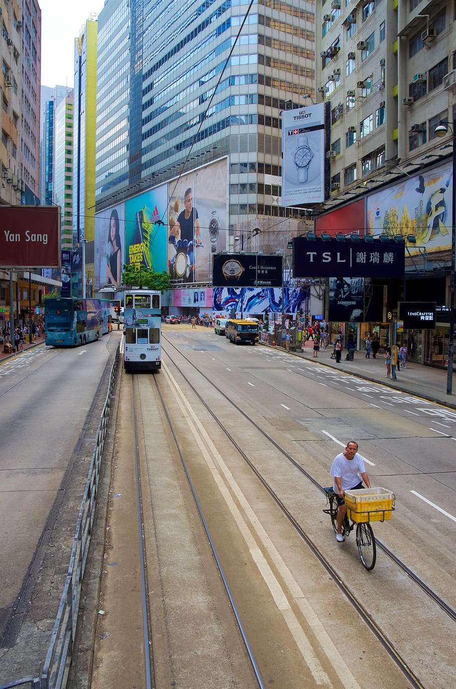 hong kong, east point, tram, bike, street, city, transportation, HD wallpaper