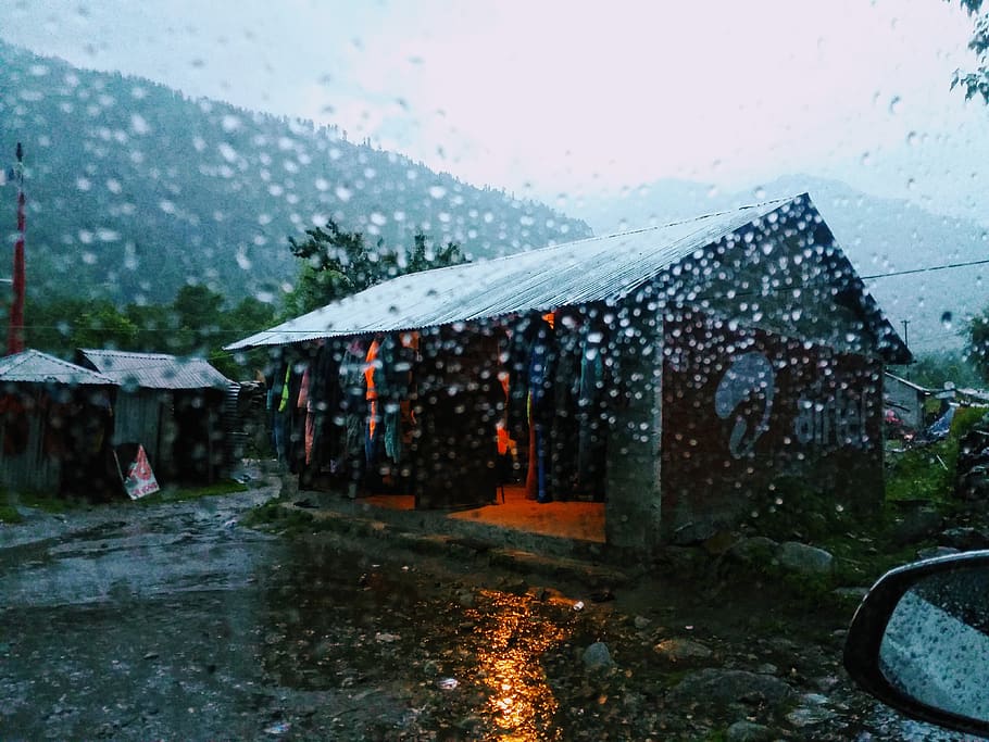 india, bahang, 9999, mountains, hut, rain, water, wet, drop, HD wallpaper