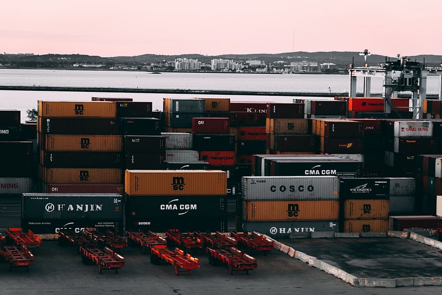 Assorted-color Cargo Containers Near Body of Water, business HD wallpaper
