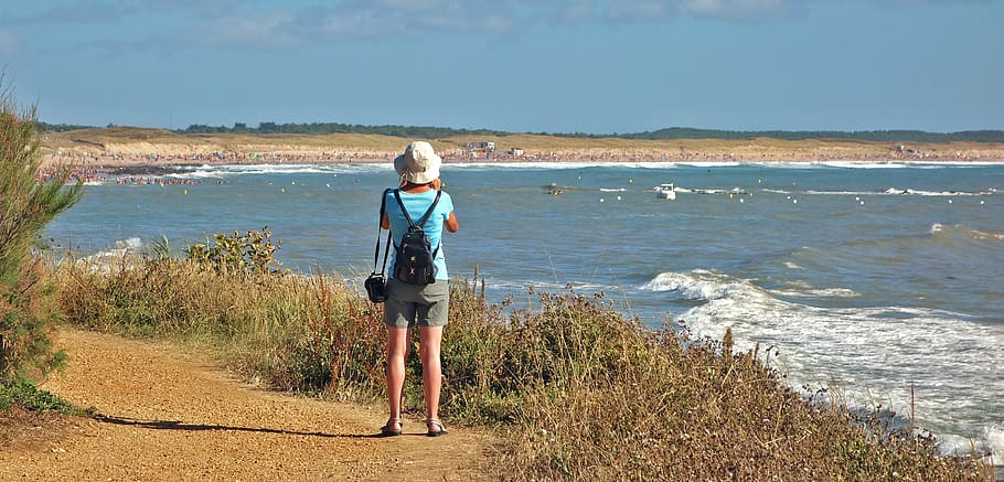 france, vendée, water, sea, beach, land, one person, real people HD wallpaper