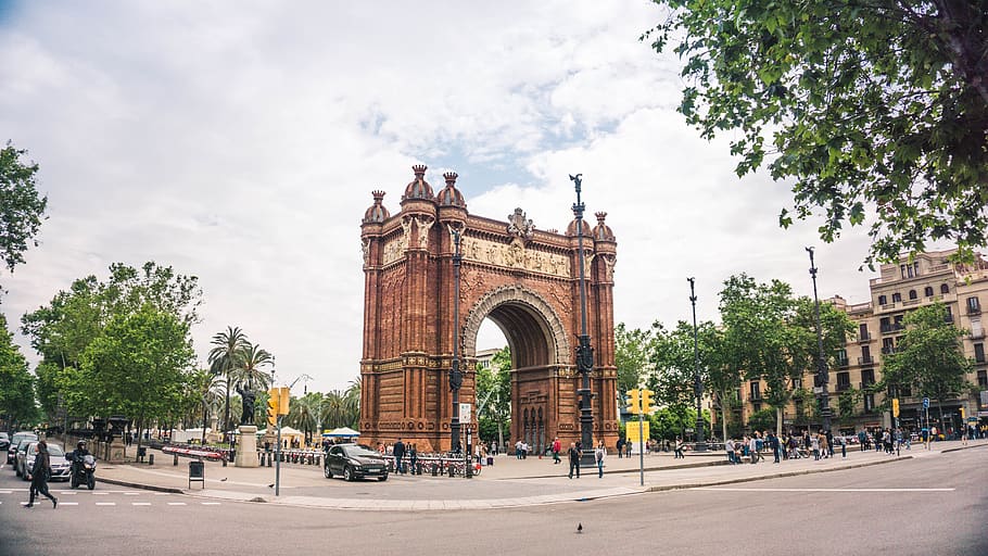 spain, barcelona, sky, trees, people, attraction, architecture HD wallpaper