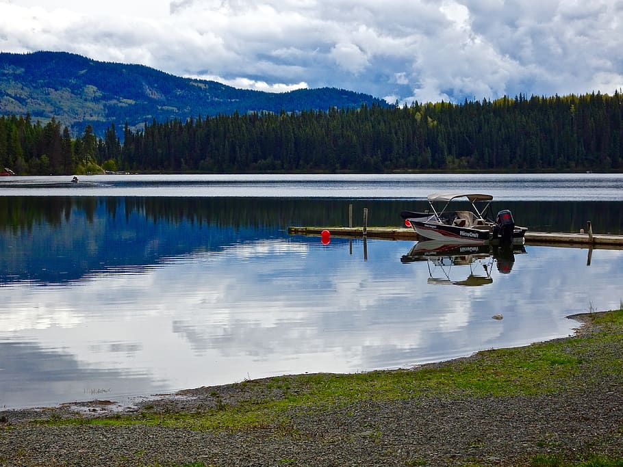 White Center Console Boat Parked at Dock, clouds, conifers, deck HD wallpaper