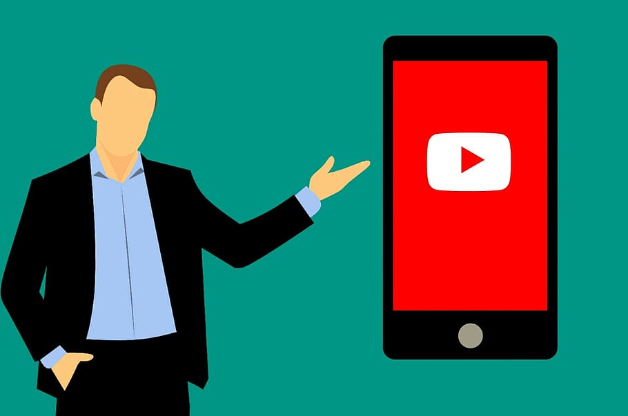 Mobile phone with youtuve app - illustration of man pointing at device.