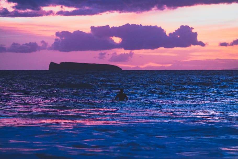 surf, sunset, ocean, surfer, alone, tranquil, water, sky, sea HD wallpaper