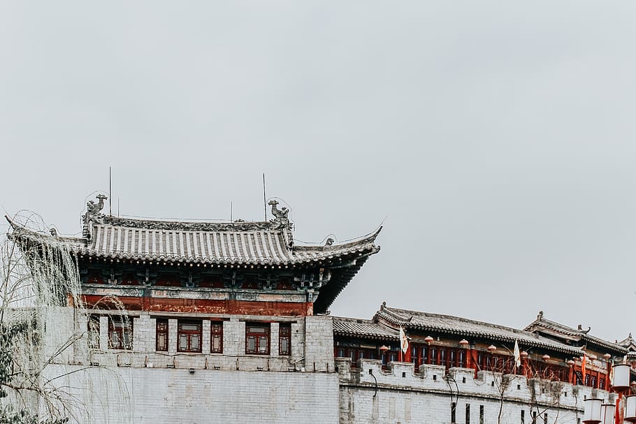 white and orange painted temple, building, china, architecture HD wallpaper