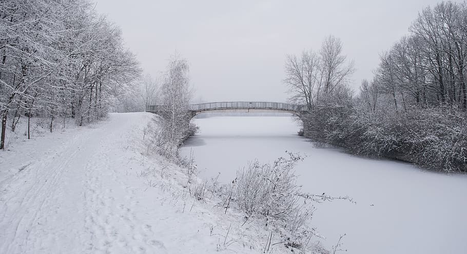 winter, blue, cold, snow, bridge, ice, nature, frozen, sky, HD wallpaper