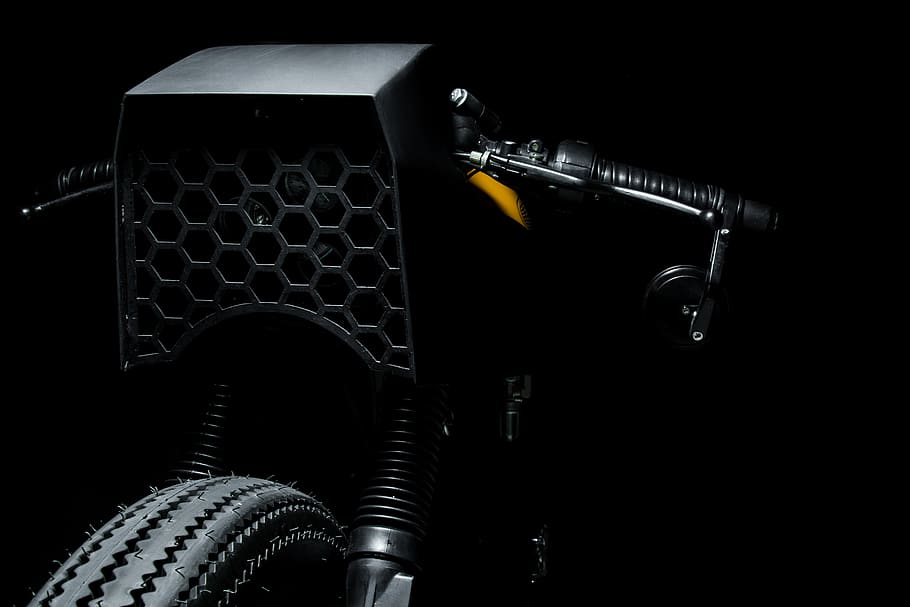 black motorcycle, machine, electronics, caferacer, motorbike, HD wallpaper