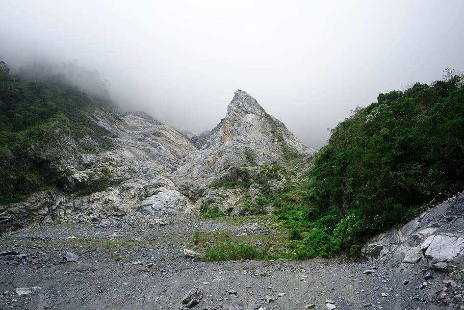 mountain, hill, rock, summit, landscape, nature, sky, fog, green HD wallpaper