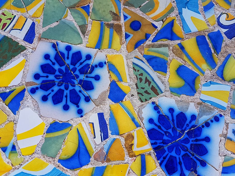 barcelona, park güell, spain, gaudi, colors, tiles, blue, pattern, HD wallpaper