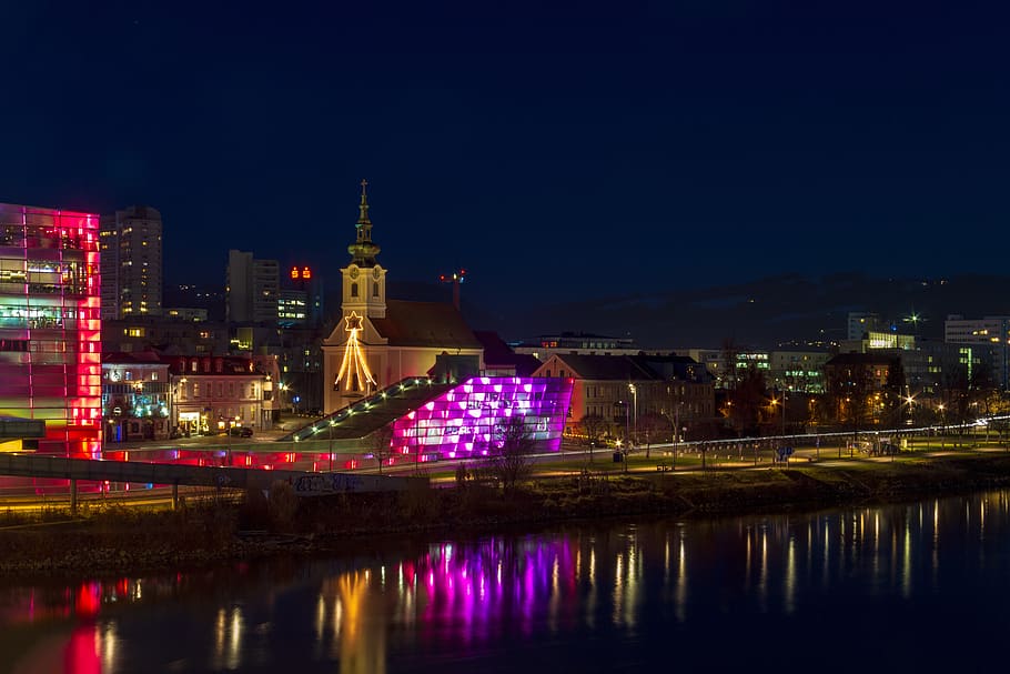 building, night, architecture, river, danube, austria, lights HD wallpaper